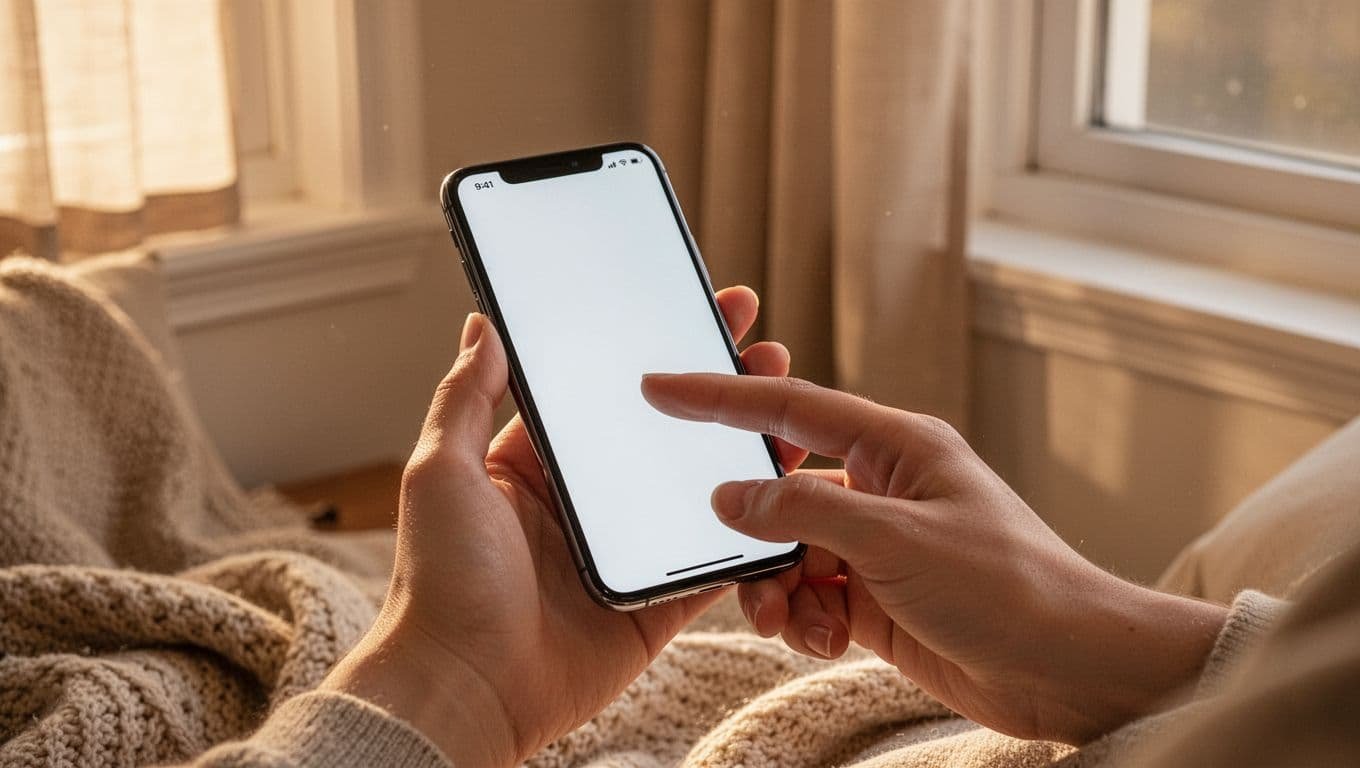 A close-up view captures a hand holding a sleek smartphone while typing in a warm, sunlight-filled room. Soft rays illuminate the device, highlighting a peaceful, intimate atmosphere for morning connection.