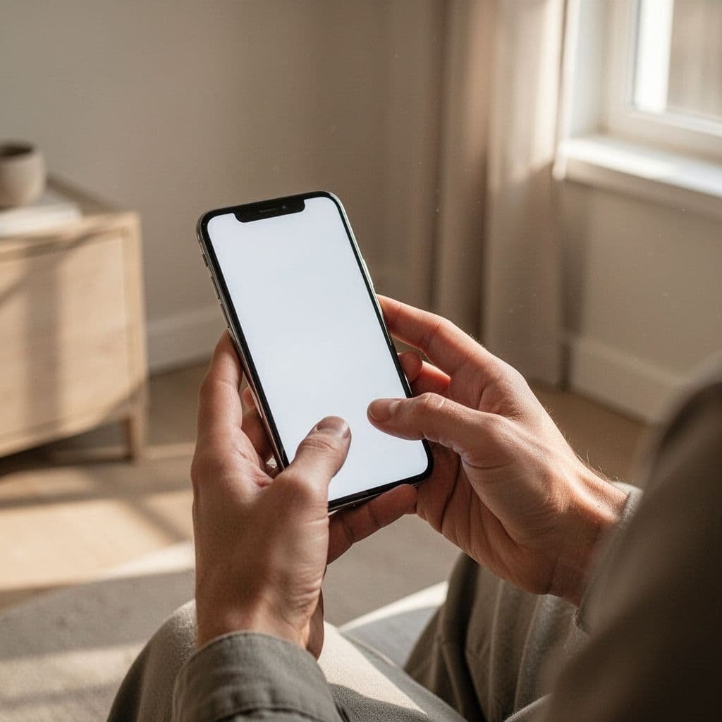 A close-up view captures hands gently holding a smartphone while the user types, illuminated by warm morning sunlight. The minimalist room environment creates a peaceful, focused atmosphere for personal communication.