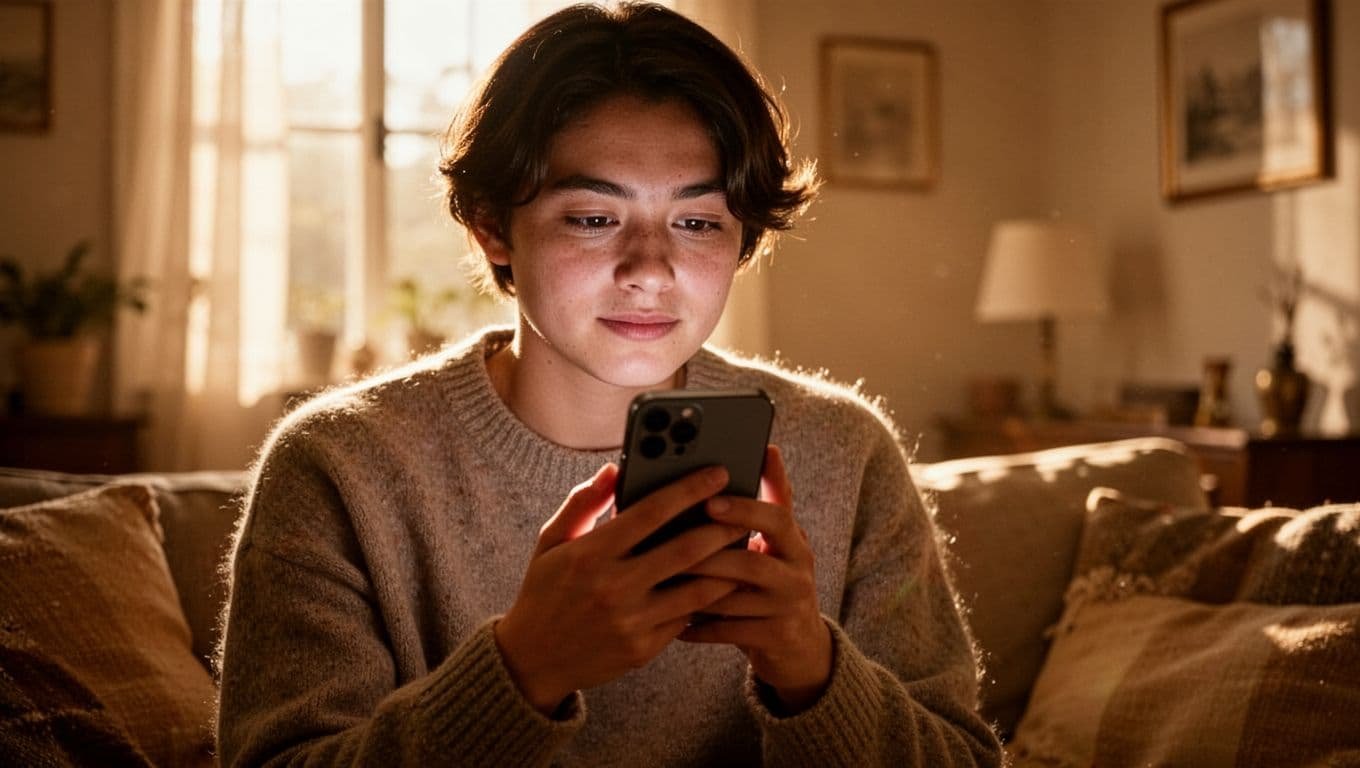 A person holds a glowing smartphone within a cozy, sun-drenched room. Golden afternoon light streams across their hands and the device, creating a warm atmosphere that enhances the soft-focus background textures.