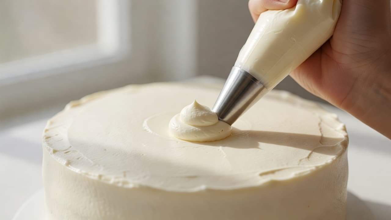 A steady hand holds a piping bag with a round tip, depositing a thick, smooth swirl of stiff buttercream onto the leveled surface of a frosted cake under soft sunlight.