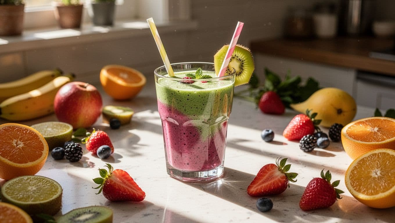 A colorful fruit smoothie in a glass with a straw on a bright kitchen counter with scattered fresh fruit.