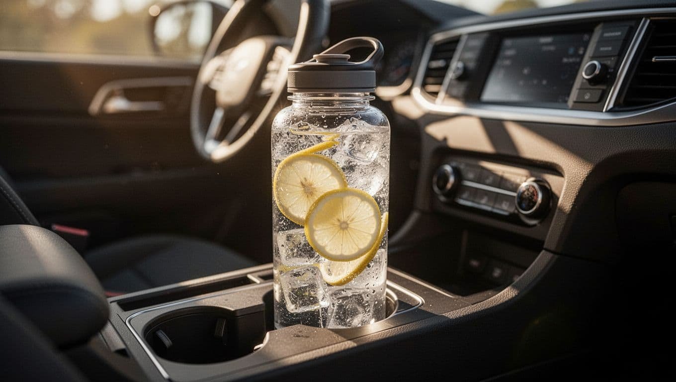 A clear reusable bottle filled with ice water and sliced lemons rests inside a vehicle cup holder. Golden sunlight filters through the window, illuminating the condensation on the plastic exterior.
