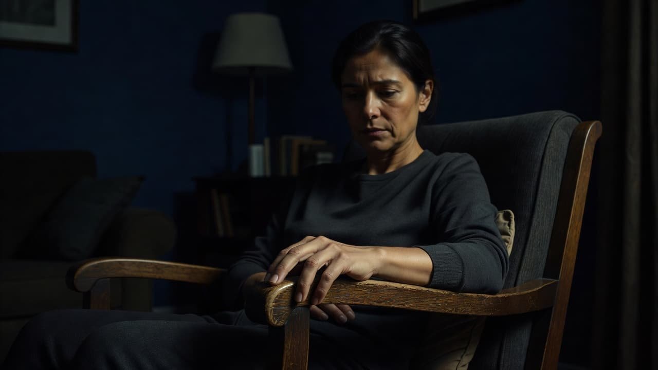 A close-up view shows a person sitting in a dimly lit room with one hand gripping the edge of a dark wooden chair. Dramatic shadows highlight subtle physical tension and restlessness.