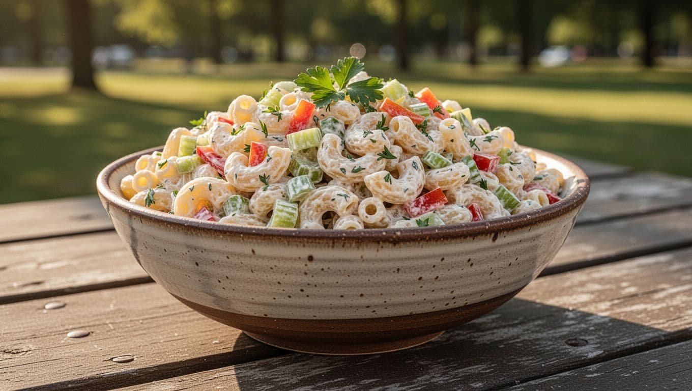 A textured ceramic bowl sits on an outdoor wooden table, filled with creamy pasta salad containing diced red peppers, celery, and green herbs. Soft golden light highlights the rich, fresh ingredients.