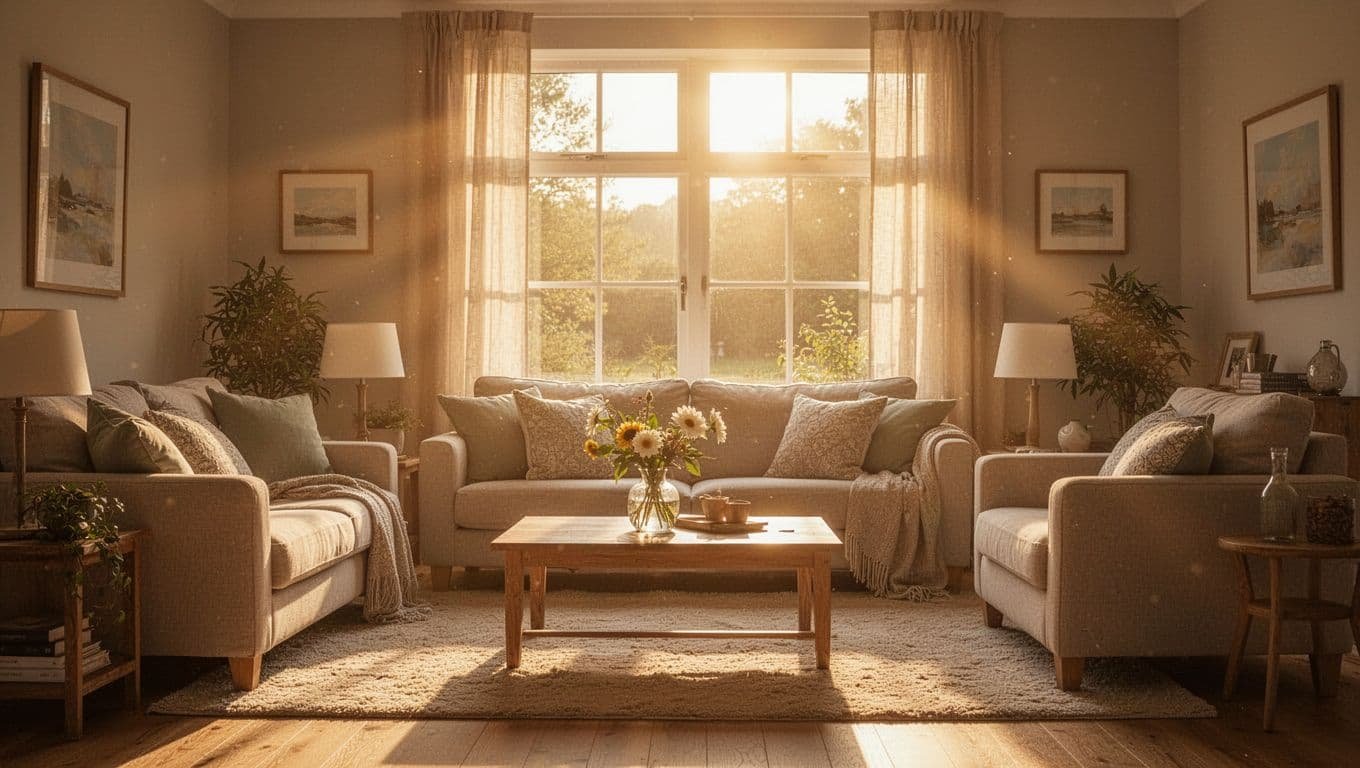 Golden sunlight streams through a large pane of glass into a quiet room, casting long shadows across the floorboards. The warm illumination highlights dust motes dancing in the gentle morning air.