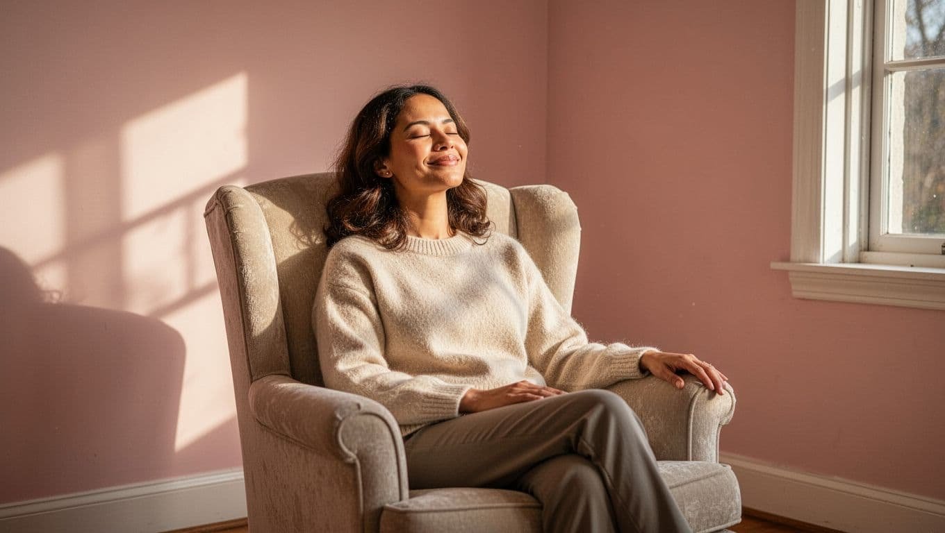 A woman sits with her eyes closed in an upholstered armchair within a sunlit room. Soft natural light filters through, highlighting her gentle expression during a quiet moment of relaxation.