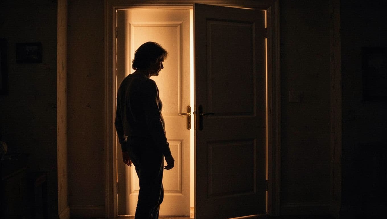 A dark figure stands in a dimly lit hallway before a partially opened door. Intense golden light streams through the gap, highlighting the silhouette against the shadows of the interior room.