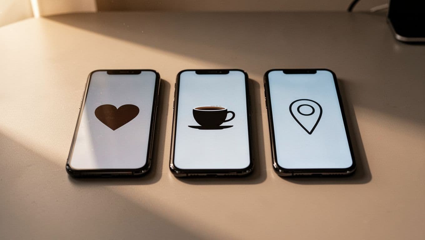 Three modern smartphones are arranged horizontally on a neutral desk. Each screen displays distinct abstract graphics, including a heart symbol, a coffee cup icon, and a map location pin graphic.