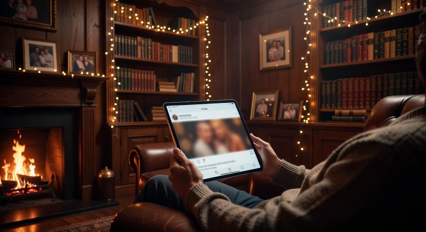 A person holds a digital tablet displaying a heartfelt photograph of a father within a cozy, dimly lit room. Warm ambient light illuminates the screen, highlighting a celebratory and intimate mood.