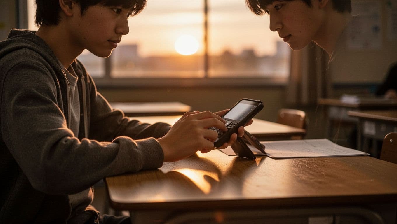 A student sits at a dark wooden desk during sunset, illuminated by warm orange light. They hold a smartphone in their hands, with the screen glow highlighting their concentrated facial expression.