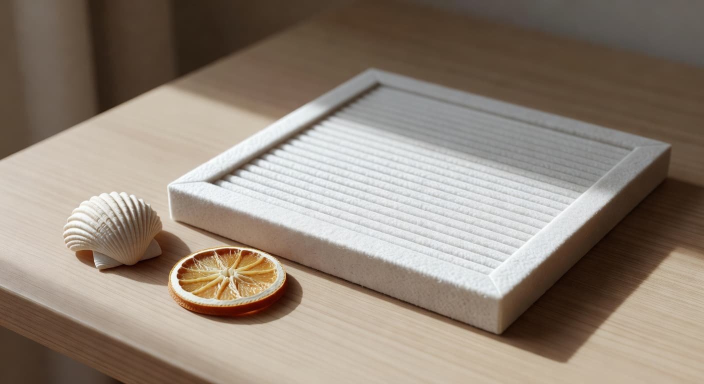 A blank white felt letterboard rests on a light wood surface, accented by a single smooth seashell and a thin slice of dried citrus fruit to create a minimalist summer aesthetic.
