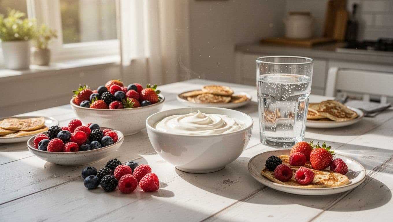A ceramic bowl filled with creamy greek yogurt and fresh mixed berries sits on a rustic table beside a glass of chilled water. Golden morning sunlight creates soft shadows across surface.