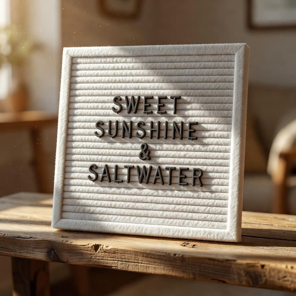 A white felt letterboard sits on a rustic wooden shelf, illuminated by warm, directional sunlight. The board features a cheerful seasonal quote against a backdrop of soft, blurred interior decor.