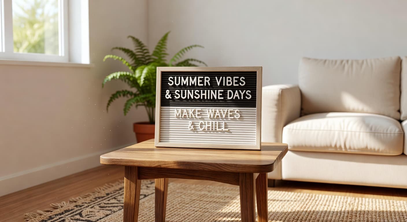 A minimalist white letterboard rests on a rustic wooden side table within a sunlit living room. The scene creates a warm, inviting atmosphere that highlights seasonal decor and cozy interior design.