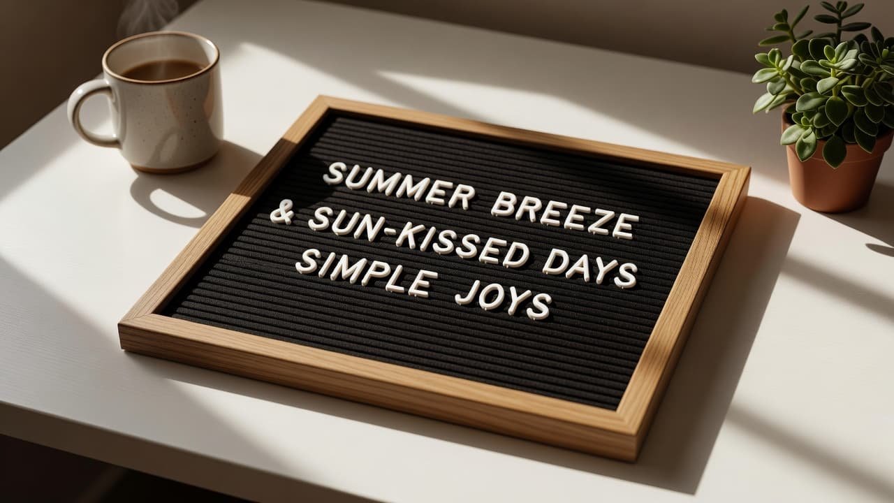 A close-up shot captures a clean white letterboard resting on a minimalist desk. Bright natural sunlight streams in from the side, casting distinct, dramatic shadows across the board's tactile surface.