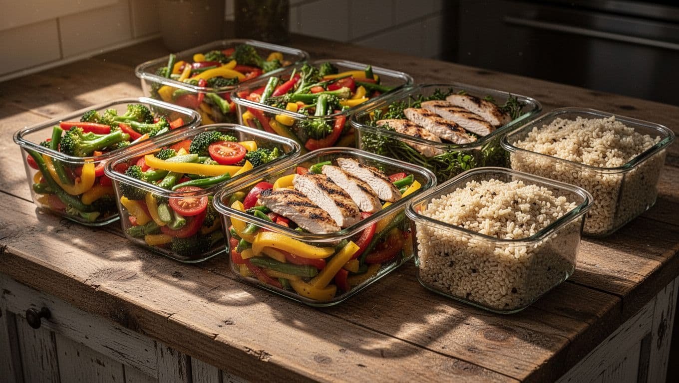 Several glass containers filled with colorful fresh vegetables, seasoned grilled chicken strips, and hearty cooked grains sit neatly arranged on a rustic wooden countertop. Warm sunlight accentuates the vibrant, healthy food textures.