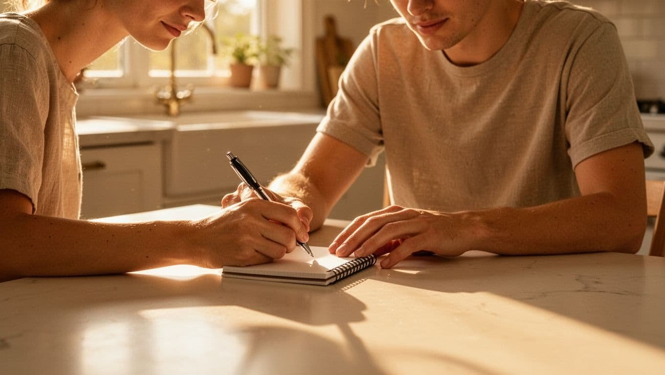 A person sits at a clean kitchen table during a sunny morning, focused on writing in a small notepad with a pen. Warm golden light fills the room and highlights surfaces.