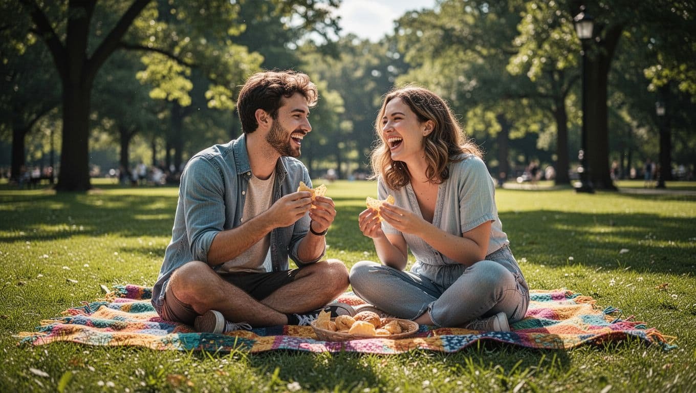 Two close friends sit on a vibrant patterned blanket spread across green grass. They share fresh snacks and laugh together while surrounded by the warm, dramatic glow of a summer afternoon.