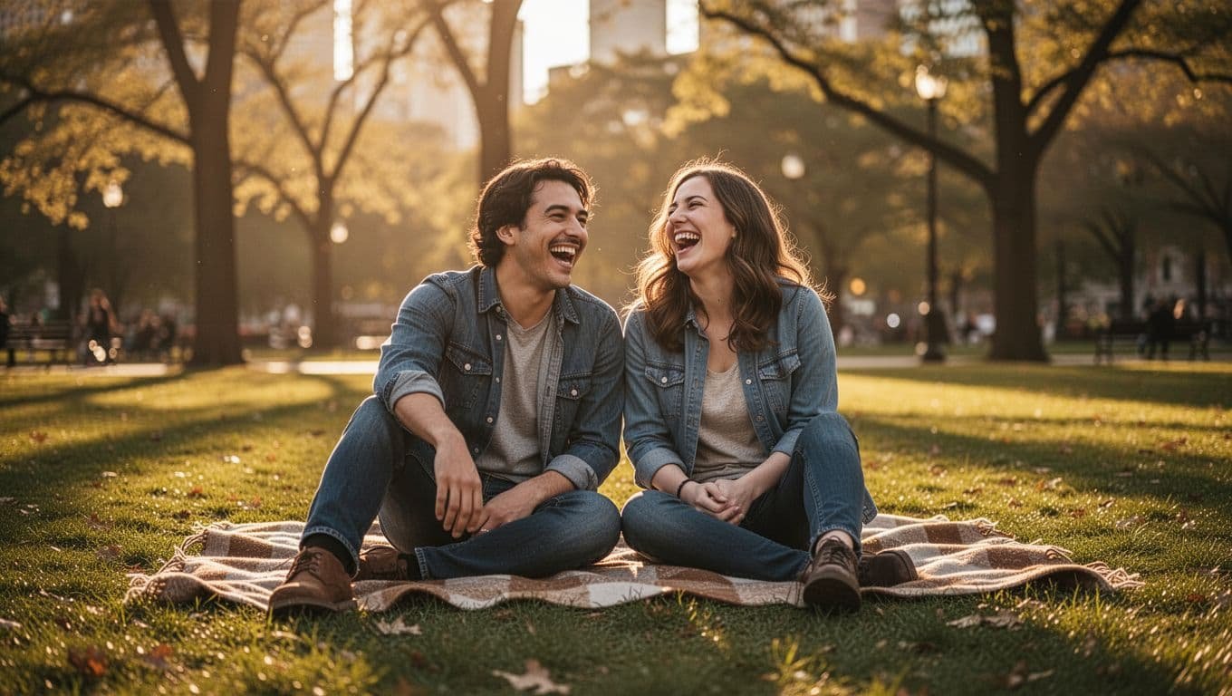 A young couple sits on a patterned blanket spread across green grass in a sun-drenched local park. They share a joyful moment together while surrounded by soft, cinematic summer afternoon light.