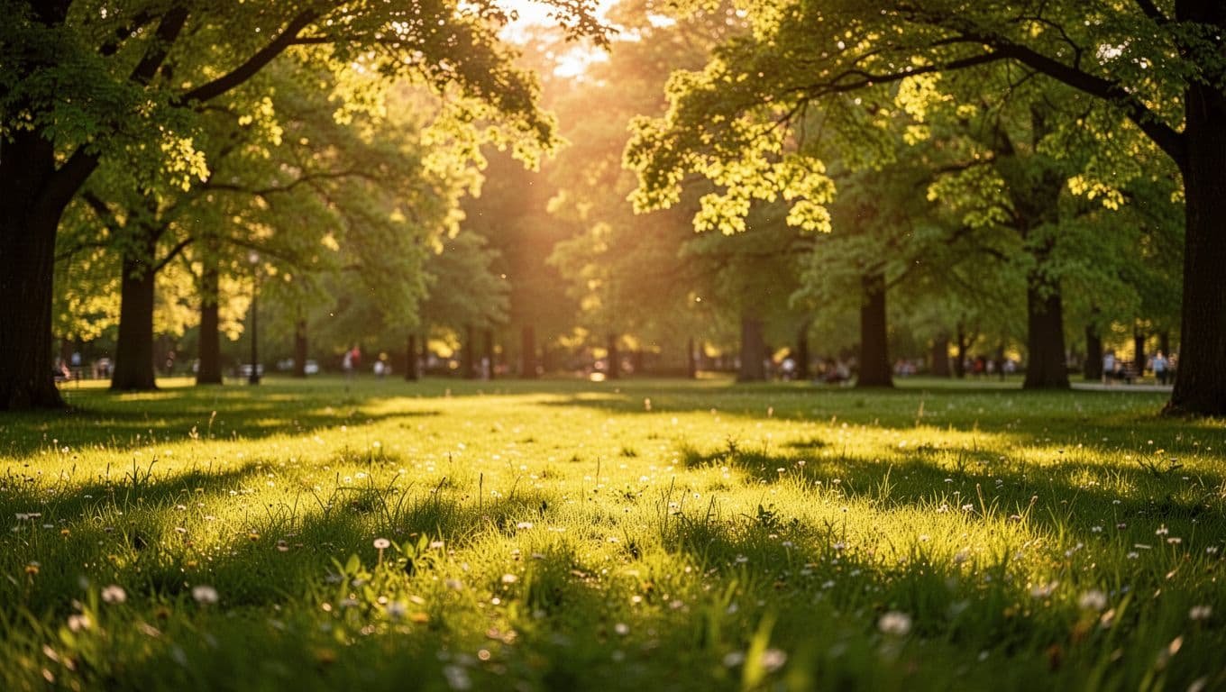 Sunlight filters through the dense canopy of lush green trees to illuminate a vibrant grassy meadow. Warm rays create a golden glow across the landscape, emphasizing the serene natural atmosphere.