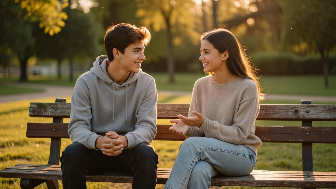 Two teenagers sit closely together on a rustic wooden park bench while sharing a calm conversation. The warm glow of the golden hour light illuminates their expressive faces and peaceful postures.