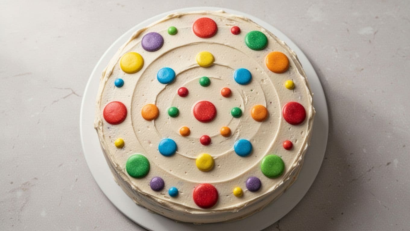 A top-down view of a round cake finished with smooth light frosting. Vibrant multi-colored dots of varying sizes are precisely arranged in a balanced, symmetrical pattern across the surface.