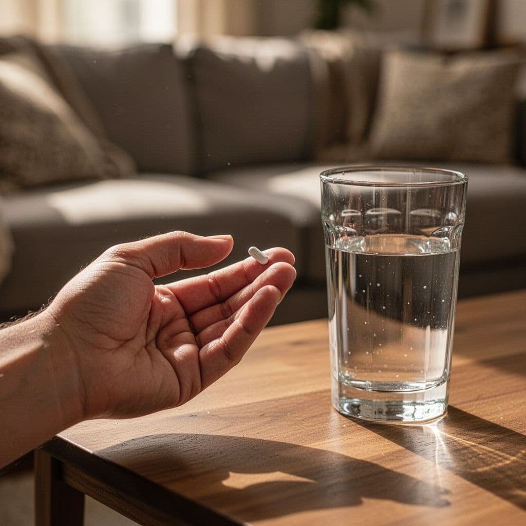 A close-up view shows a hand holding a small round pill and a glass of water. A softly blurred living room sofa sits in the background, creating a calm home setting.