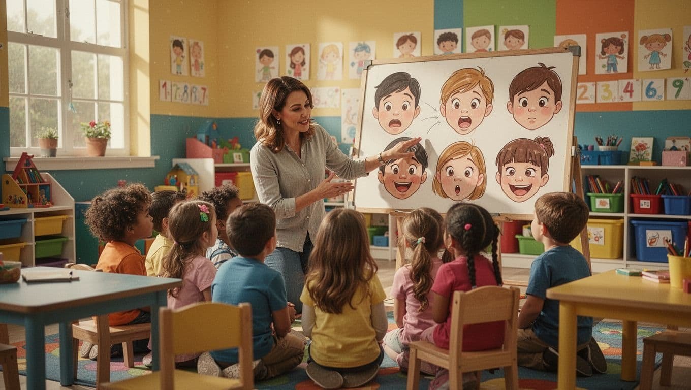 A kind teacher stands before a group of young students, pointing toward a vivid emotion card. Sunlight highlights their expressive faces as the children engage with the colorful visual learning activity.