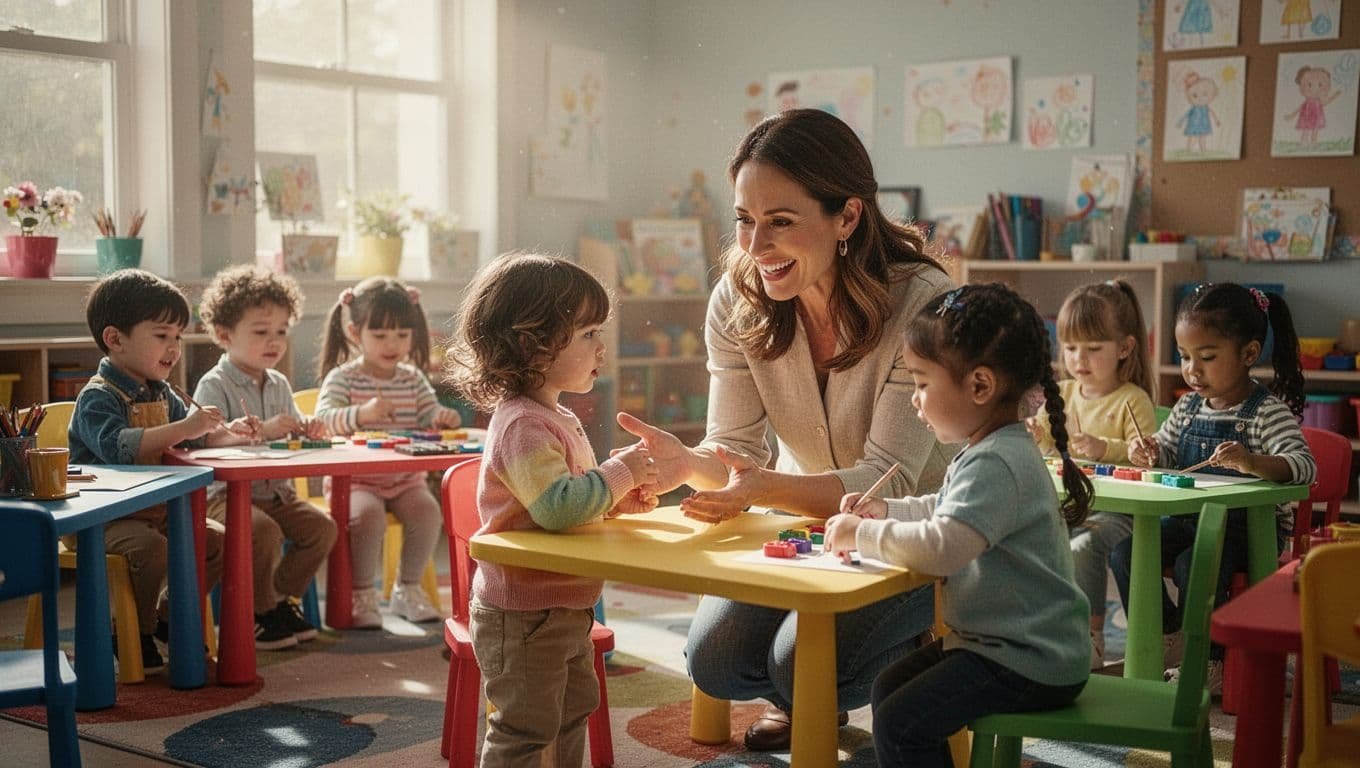 A teacher gently guides a young student near a colorful table as other children begin their tasks. Golden morning light floods the room, highlighting various learning stations and bright classroom furniture.
