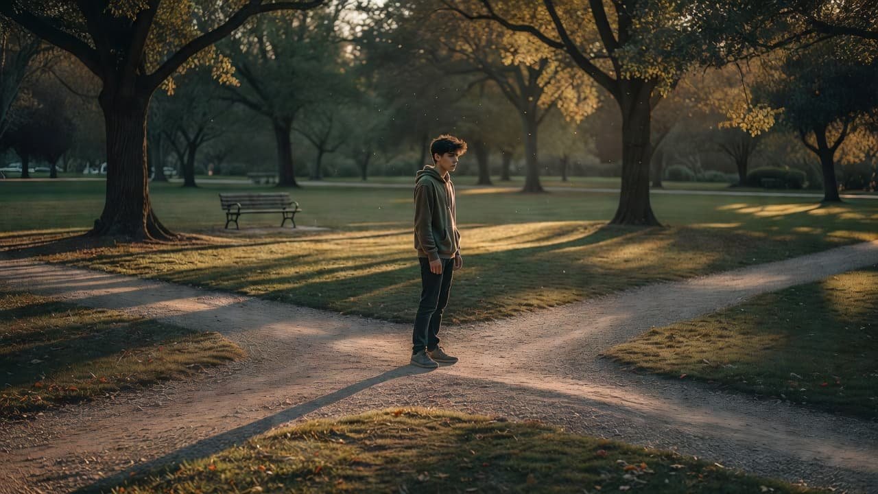 A pensive young person stands at a diverging pathway in a public park during golden hour. Shadows stretch across the pavement, highlighting the cautious expression as they consider which direction to take.