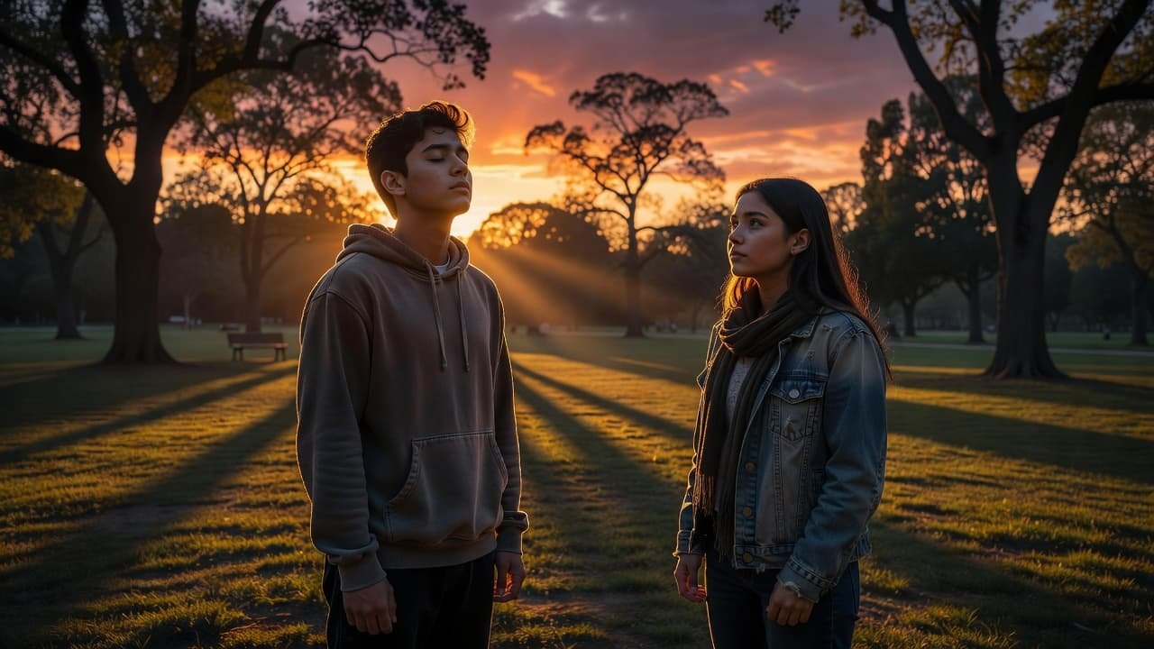 A teenager exhales deeply with closed eyes while standing in a park at sunset, accompanied by an attentive friend who listens carefully. Warm golden light casts long shadows across the grass.