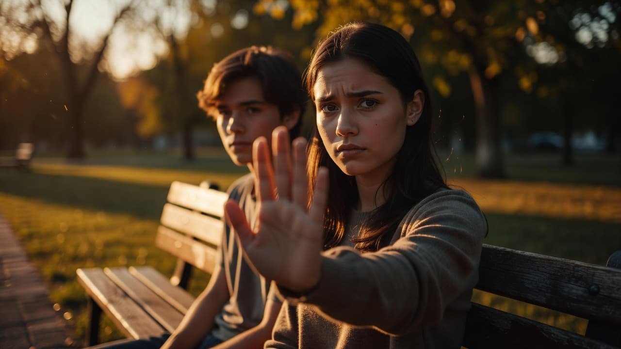 Two teenagers sit on a wooden park bench during sunset. The person in the foreground holds one hand up in a firm gesture to communicate a clear boundary while maintaining eye contact.