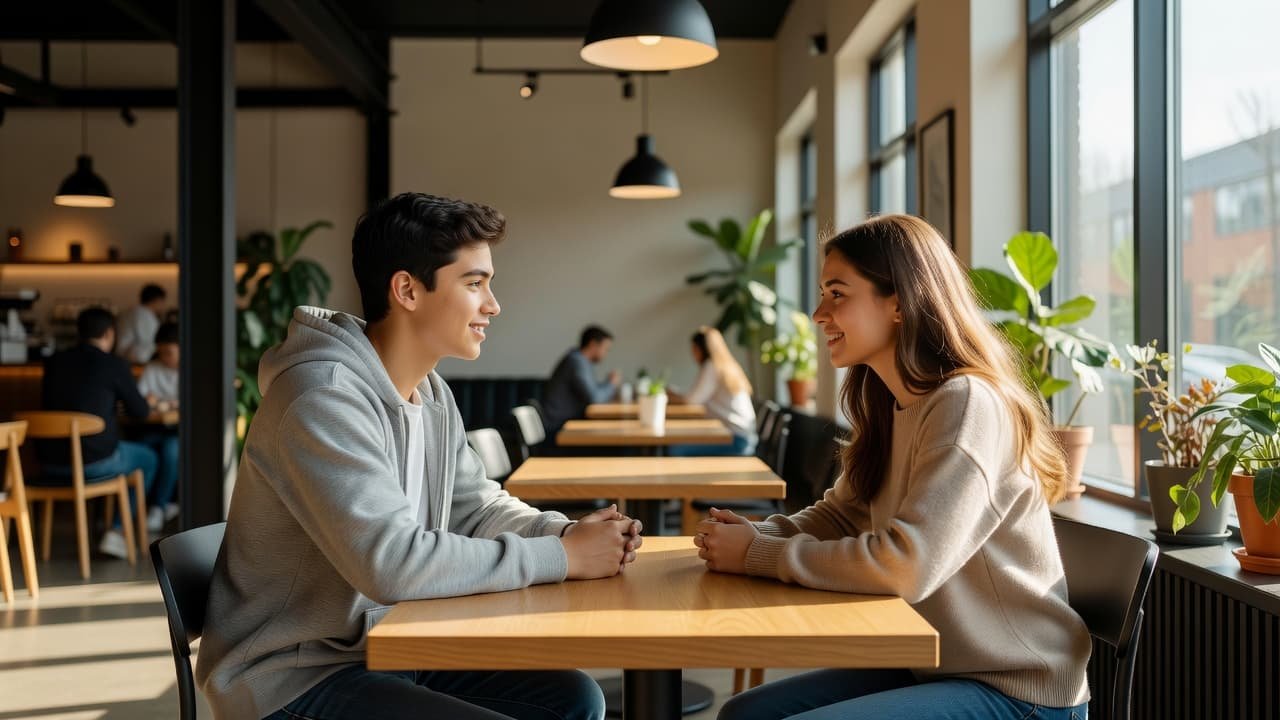 Two teenagers sit across from each other at a small cafe table while engaging in a deep, focused conversation. Warm sunlight streams through the windows, illuminating their attentive, friendly expressions.