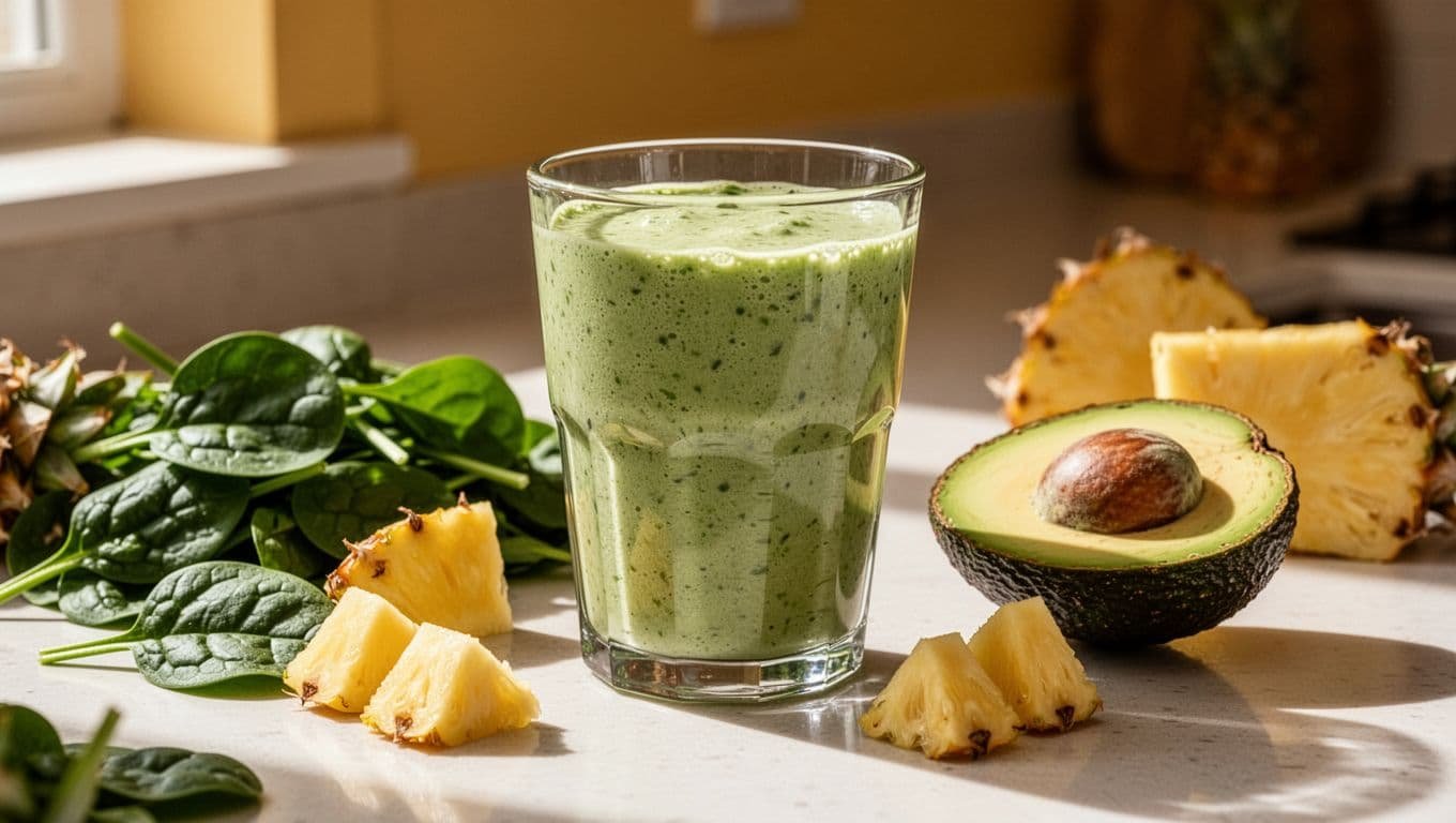 A green smoothie in a glass with spinach, pineapple, and avocado on a kitchen counter.