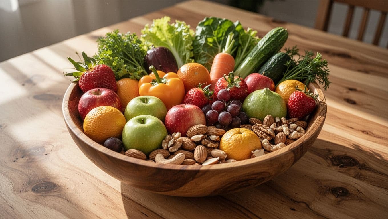 A rustic wooden table holds a decorative bowl overflowing with bright green spinach, sliced citrus, berries, and raw nuts. Soft morning light creates high contrast and highlights the fresh food textures.