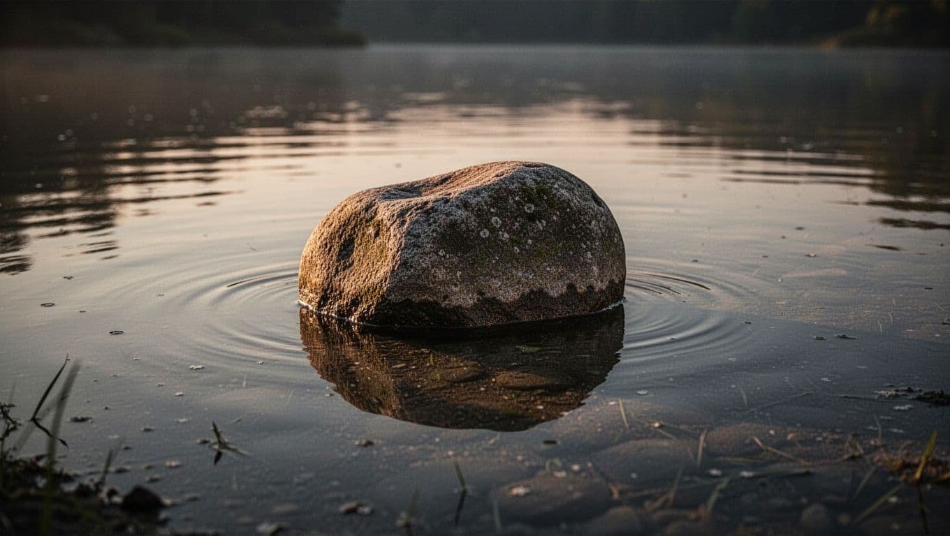 A single textured gray stone rests precisely in the center of a still, dark pool of water at dawn. Soft morning light creates a long, dramatic shadow across the liquid surface.