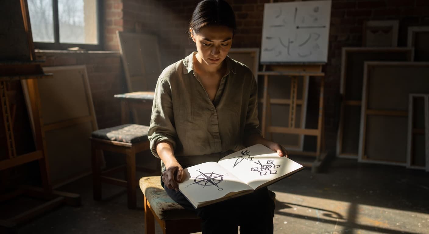 A woman sits in a sunlit studio, intently studying an open sketchbook filled with hand-drawn symbols. High-contrast light creates dramatic shadows across the workspace, highlighting her thoughtful and calm expression.