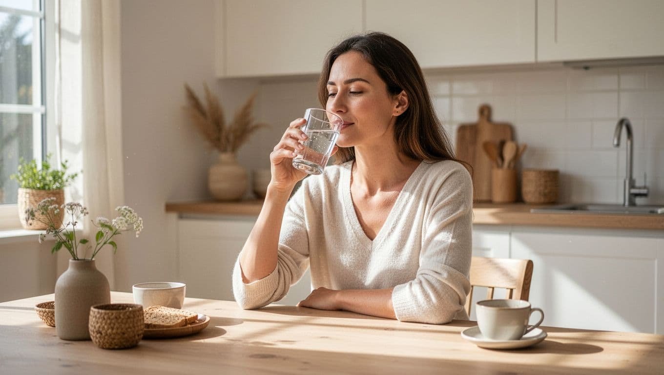 A woman sits at a bright kitchen table while holding a clear glass of water. Soft natural light illuminates her calm expression and the minimalist surroundings of the serene home setting.
