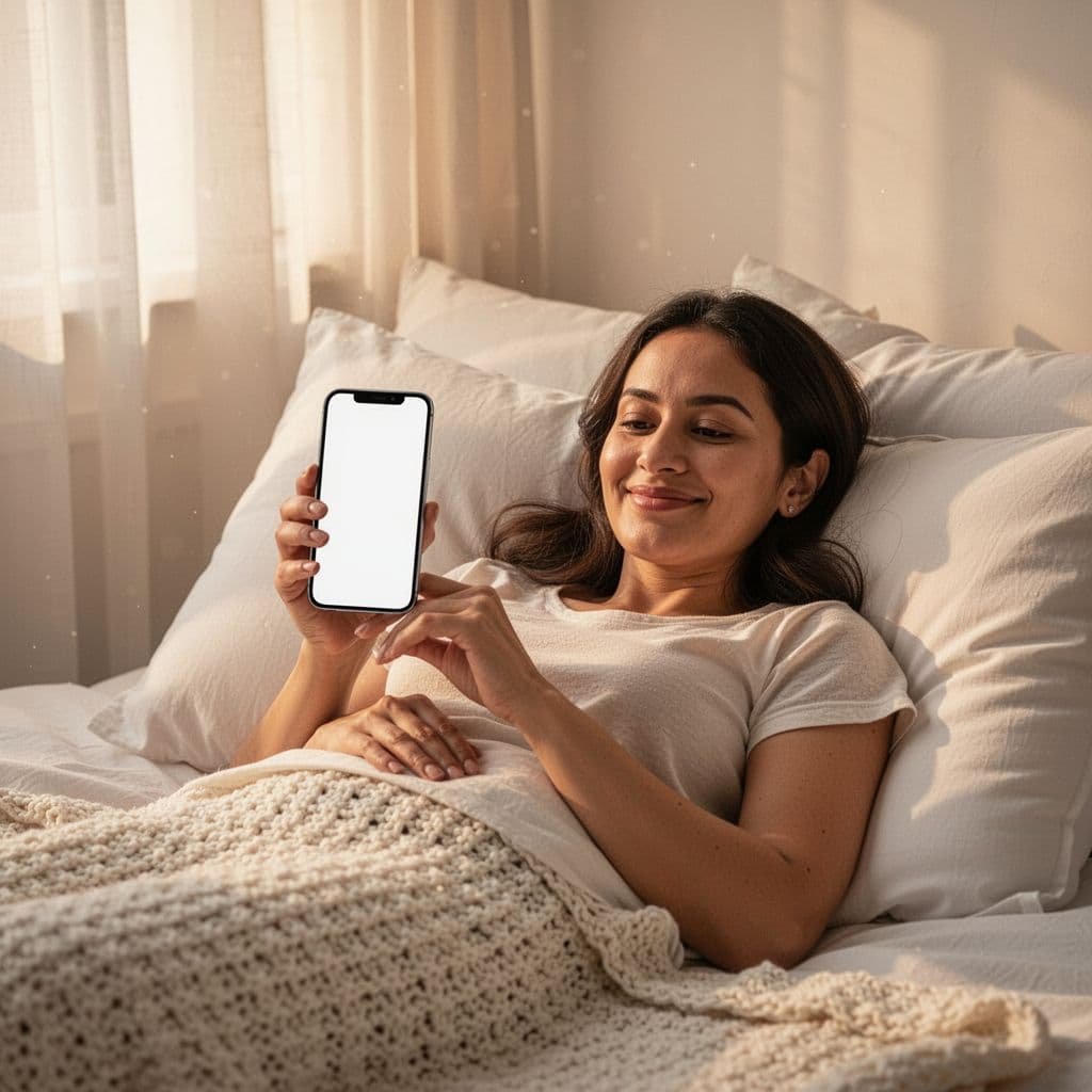 A woman smiles while holding her smartphone inside a sunlit bedroom. She rests comfortably against plush white pillows under a soft knitted blanket as golden morning light filters through sheer curtains.