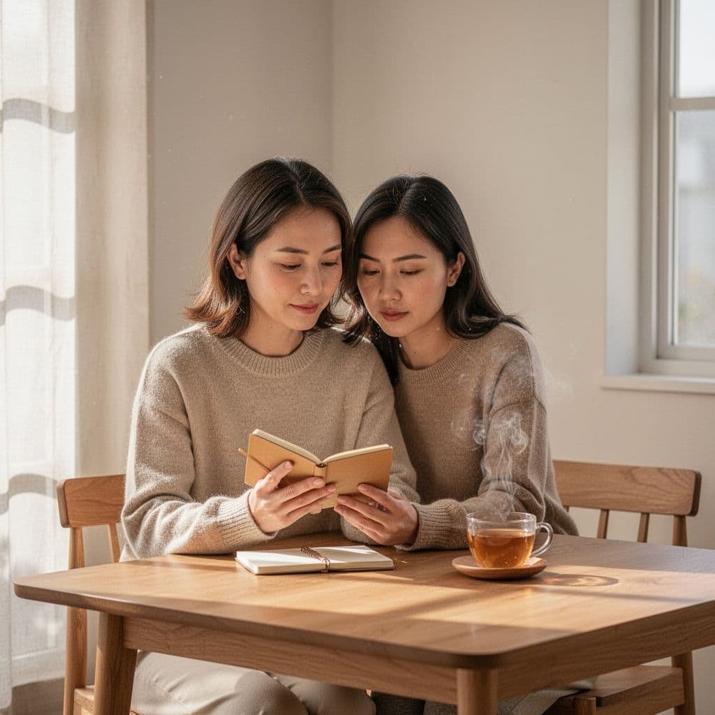 A woman sits at a minimalist wooden table in a sunlit room, thoughtfully reviewing a small notebook. A warm cup of tea rests nearby, creating an atmosphere of calm self-reflection.