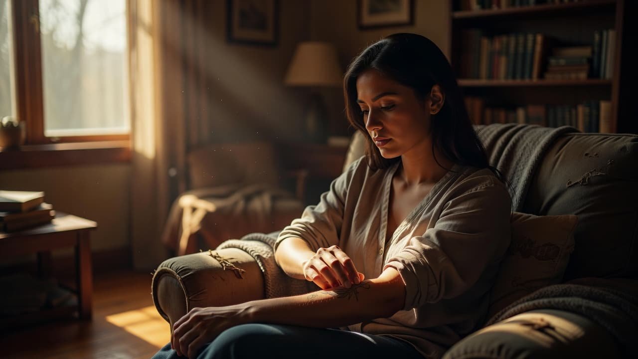 A woman sits in a sunlit room, focusing her attention on a small, intricate tattoo located on her forearm. Her gentle touch highlights the personal connection and deep emotion she feels.