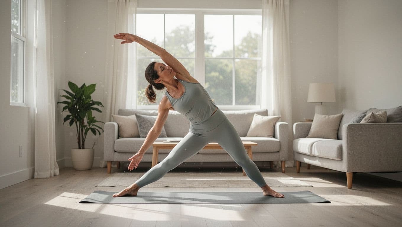 A woman dressed in comfortable athletic apparel performs gentle yoga stretches on a soft mat. Sunlight streams through a large window, illuminating the minimalist living room and creating a calm atmosphere.