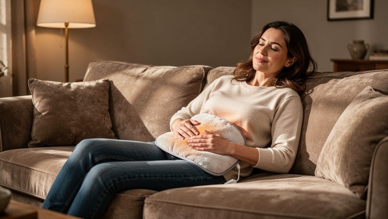 A woman leans back on a plush cream sofa, resting a soft electric heating pad against her lower abdomen. The warm ambient glow highlights her peaceful expression and comfortable lounge attire.