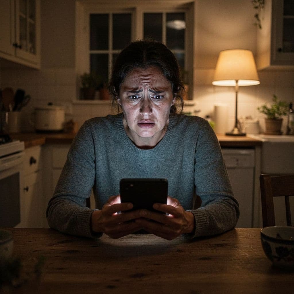 A parent sits at a rustic wooden kitchen table under a single warm hanging lamp. They hold a document with a furrowed brow, reflecting a moment of difficult life realization.