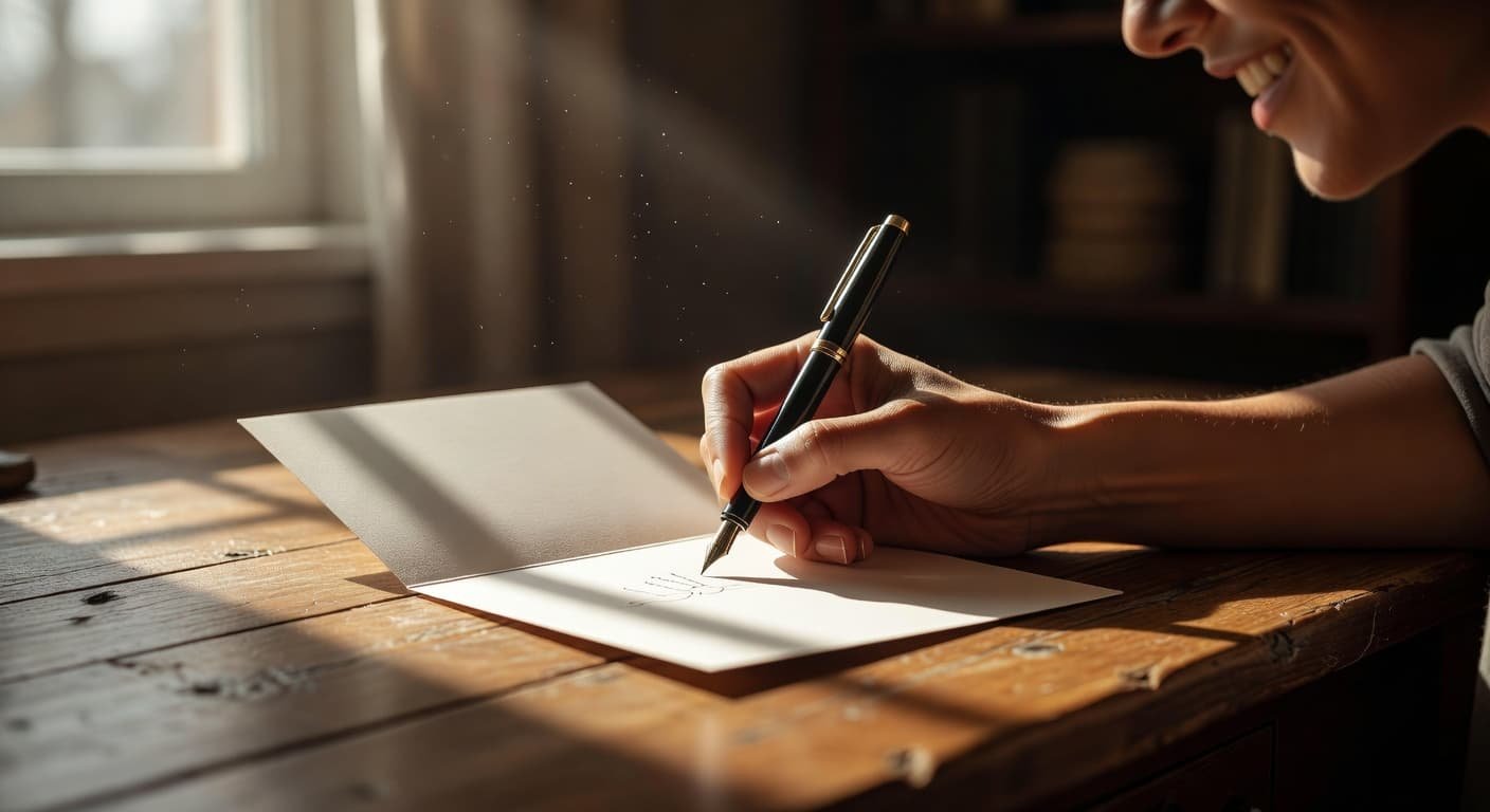 A focused individual writes a heartfelt message in a greeting card with a pen. Warm sunlight streams across the wooden desk surface, creating soft shadows and highlighting the textured paper.
