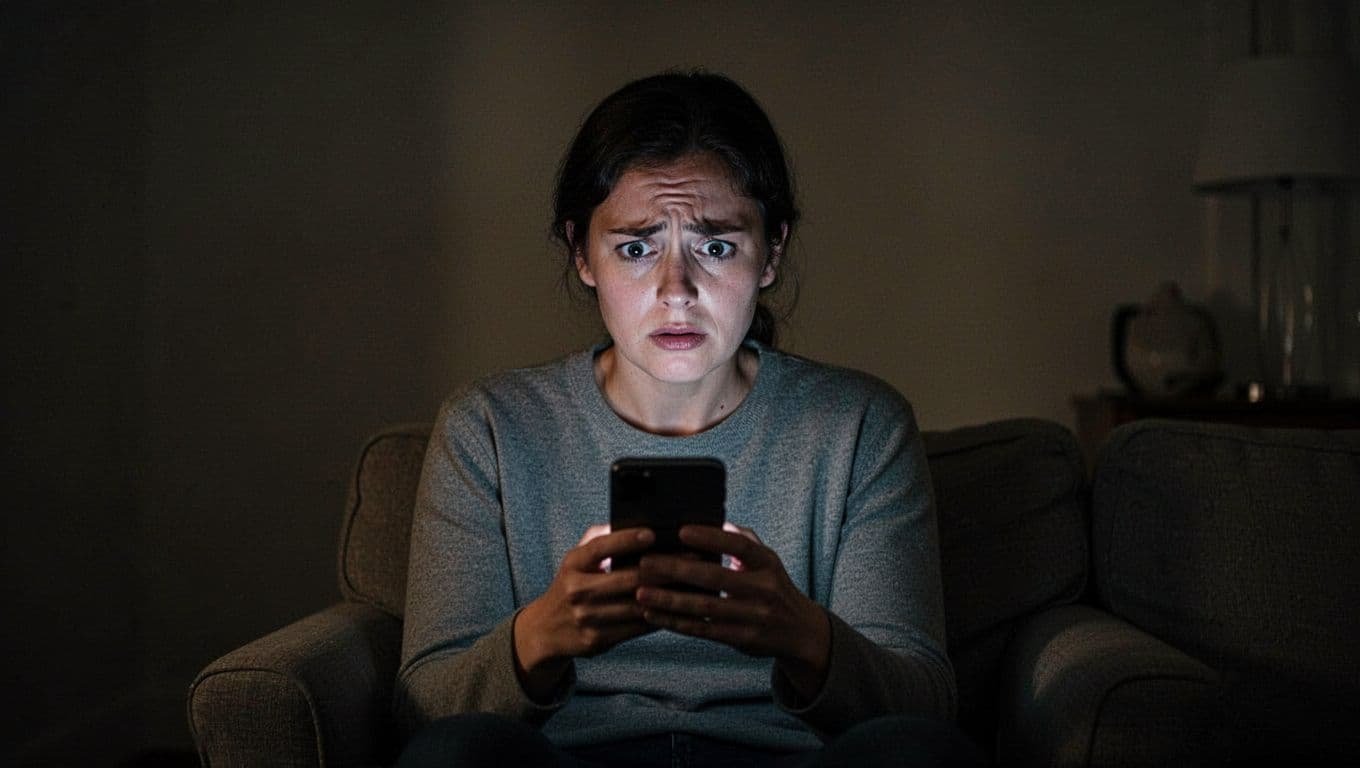 A worried person holds a smartphone in a dimly lit room while looking at the screen.