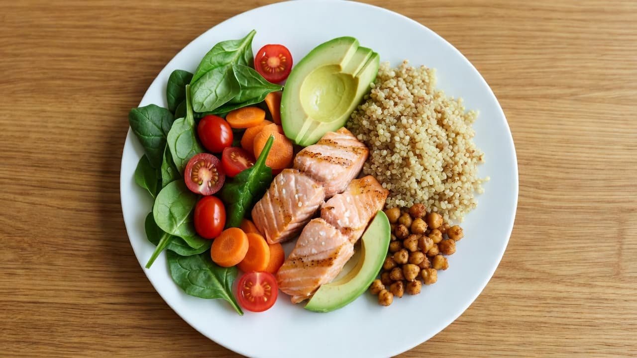A nutritious meal featuring chicken, broccoli, and grains on a white plate.