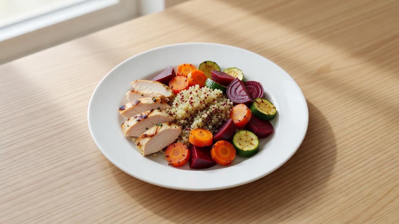 A nutritious meal of grilled chicken, quinoa, and vegetables on a white plate.