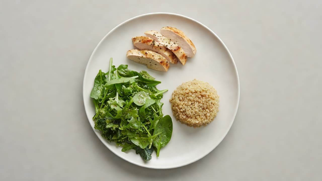A divided plate featuring grilled chicken, salad, and quinoa on a neutral tabletop.