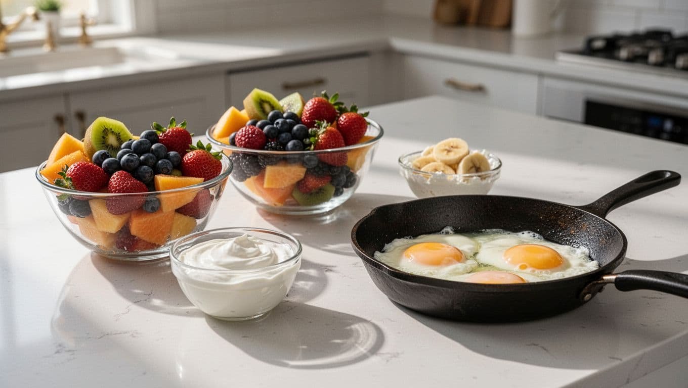 A nutritious breakfast of yogurt, fruit, and eggs being prepared on a sunlit kitchen counter.